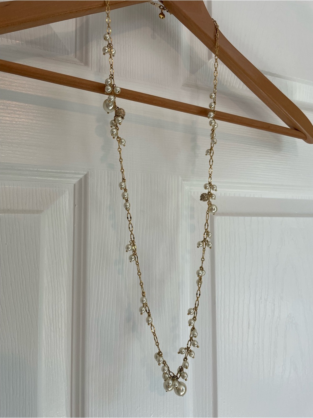 J. Crew pearl and crystal long gold necklace